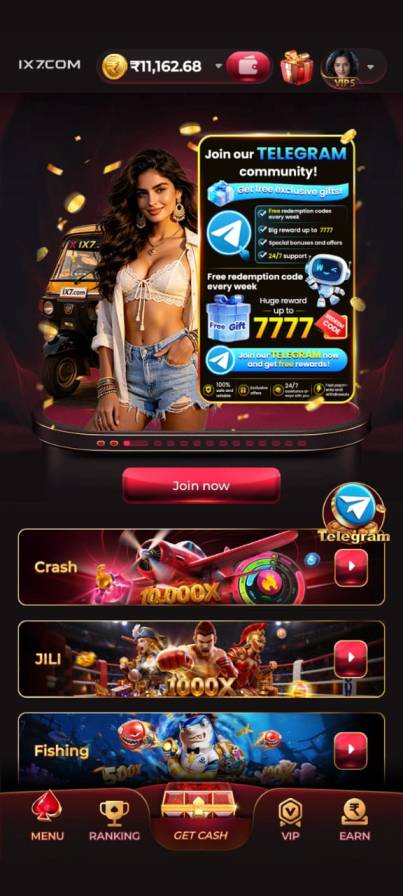 IX7 Game mobile app home screen with exciting online games and rewards.